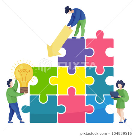 Team building concept, joint teamwork in the company. Man with burning light bulb, woman with laptop Team building concept, joint teamwork in the company. Man with burning light bulb, woman with laptop 104939516