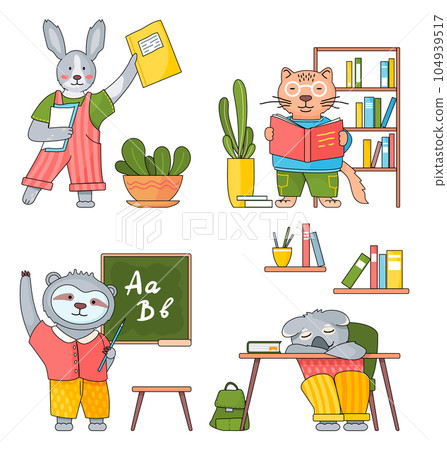 Illustration of animals in a classroom. Collection of cartoon animals students. Back to school set Illustration of animals in a classroom. Collection of cartoon animals students. Back to school set 104939517