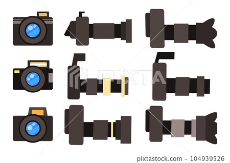 Set of vector icons, professional high resolution cameras with removable lens, photo equipment 104939526
