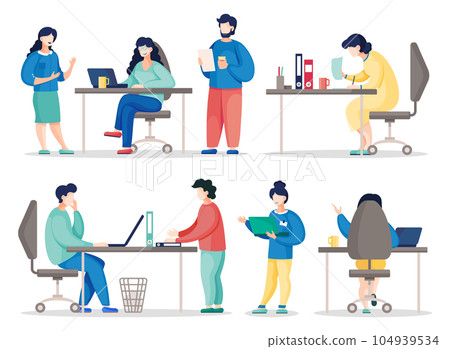 Flat vector illustration of busy people in the office, colleagues communicating during the work 104939534