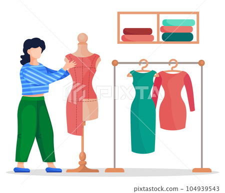 Seamstress, stylist or designer working with textile of future dress at mannequin, cartoon character 104939543