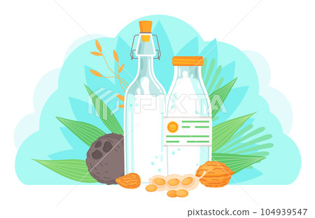 Plant-based vegan nutty milk. Healthy alternative to lactose milk, environmentally friendly product Plant-based vegan nutty milk. Healthy alternative to lactose milk, environmentally friendly product 104939547