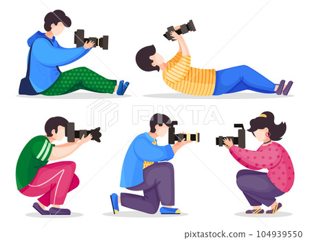 Photographers in different poses taking photo with high resolution camera at white background 104939550