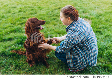 Cheerful happy young woman playing with her dog in the yard of the house in summer. Beautiful Irish Setter dog is sitting in grass. Domestic animals concept 104939584
