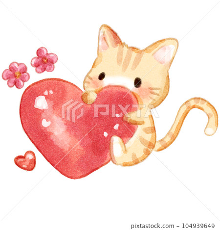 Sweet Illustration of a Cute Cat Cuddling a Heart  104939649