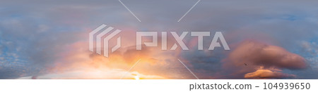 Sunset sky panorama with bright glowing pink Cumulus clouds. HDR 360 seamless spherical panorama. Full zenith or sky dome for 3D visualization, sky replacement for aerial drone panoramas. 104939650