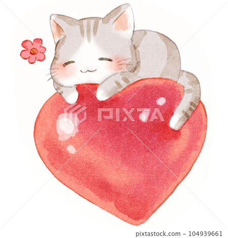 Sweet Illustration of a Cute Cat Sleeping on a Heart 104939661