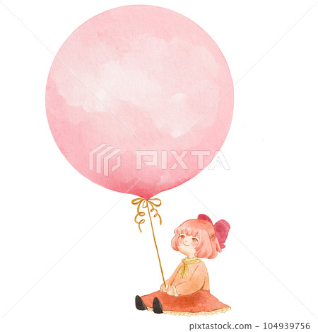 Girl Holding a Big Balloon Watercolour Illustration | Playful and Whimsical Artwork 104939756