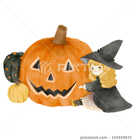 Creepy and Cute Watercolour Illustration | Girl Witch with Halloween Pumpkin Creepy and Cute Watercolour Illustration | Girl Witch with Halloween Pumpkin 104939835