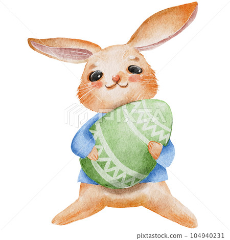 Bunny Holding an Easter Egg Watercolour Illustration  104940231