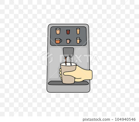 Hand taking coffee cup in vending coffee machine, colored graphic design. Coffee shop, beverage, drink, drinking, food and meal, vector design and illustration 104940546