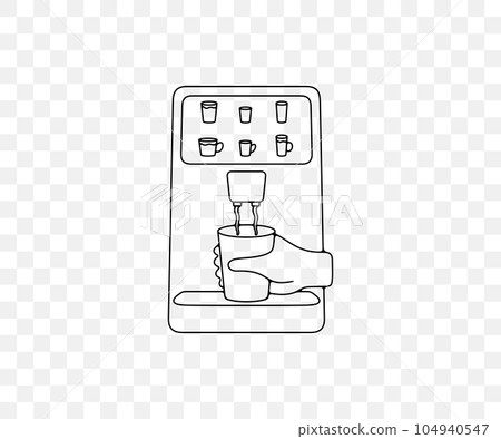 Hand taking coffee cup in vending coffee machine, linear graphic design. Coffee shop, beverage, drink, drinking, food and meal, vector design and illustration 104940547