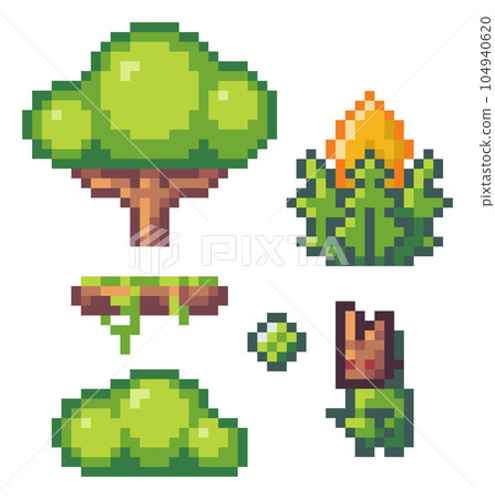 Icon set of diamond, tree, buch, plant, platform, alien. Illustration of pixel art isolated on white 104940620