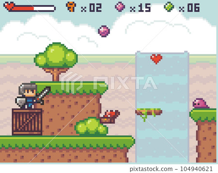 Pixel art style, character in game arcade play vector. Man with sharp sword fighting against enemy Pixel art style, character in game arcade play vector. Man with sharp sword fighting against enemy 104940621