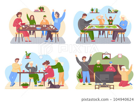 Family game set. Family playing various games flat scenes. People having fun, spending time together at home Family game set. Family playing various games flat scenes. People having fun, spending time together at home 104940624