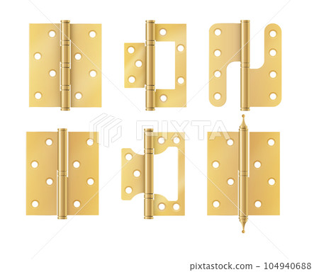 Golden door hinges construction hardware. Realistic set of gold tools for joint gates and windows.metal hinges for house and furniture. vector Golden door hinges construction hardware. Realistic set of gold tools for joint gates and windows.metal hinges for house and furniture. vector 104940688