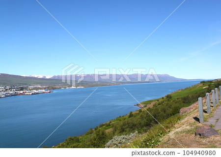 Eyja Fjord with the city of Akureyri in northern Iceland 104940980