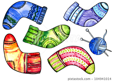 watercolor set of winter theme with knitted warm striped and ornamental socks, hand drawn illustration isolated on white background 104941014
