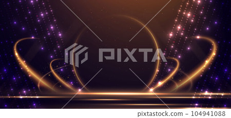 Elegant golden scene circle glowing with lighting effect sparkle and bokeh on brown background. Template premium award design. 104941088