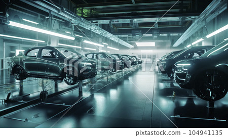 Blue illuminated factory hall with automatic robotics for the production of modern electric cars, made with generative ai 104941135