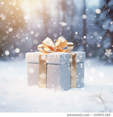 Christmas holiday gift and present, gift box in the snow in snowfall winter countryside nature for boxing day, holidays shopping sale 104941169