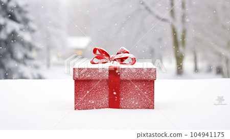 Christmas holiday gift and present, gift box in the snow in snowfall winter countryside nature for boxing day, holidays shopping sale 104941175