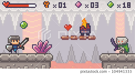 Pixel game interface, knight throwing bombs into skeleton, cave with boiling lava or magma 104941333