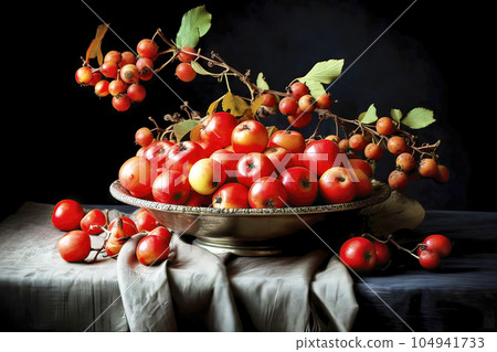 Still life with a bowl of small red apples and rose hips against dark background, made with generative ai Still life with a bowl of small red apples and rose hips against dark background, made with generative ai 104941733