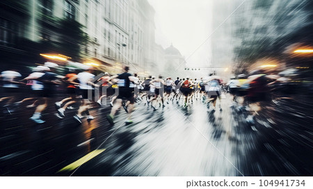 Back view of group of people running a marathon in a big city, motion blur, made with generative ai Back view of group of people running a marathon in a big city, motion blur, made with generative ai 104941734