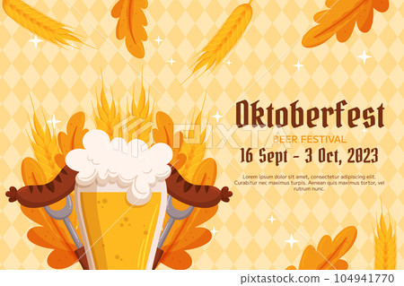 Oktoberfest German beer festival background. Design with glass of beer, forks with grilled sausage, wheat and leaves. Light yellow rhombus pattern Oktoberfest German beer festival background. Design with glass of beer, forks with grilled sausage, wheat and leaves. Light yellow rhombus pattern 104941770