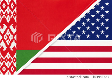 Belarus and United States of America or USA, symbol of country. Belarusian vs American national flags. 104941867
