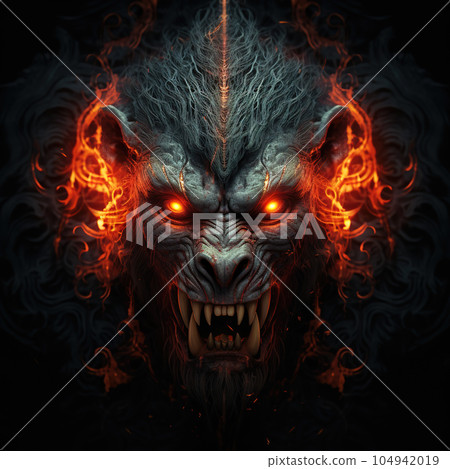 Image of angry demon monkey terrifying and flames on dark background. Wildlife Animals. Illustration, Generative AI. 104942019