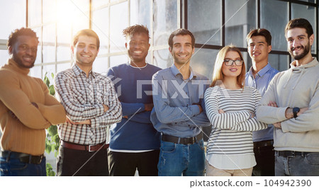 a group of business people of six people standing in the office 104942390