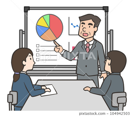Male and female office workers having a meeting, a middle-aged man giving an explanation on a whiteboard Male and female office workers having a meeting, a middle-aged man giving an explanation on a whiteboard 104942503