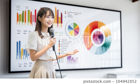 一位女士使用顯示器進行演示（AI 一代） 104942852