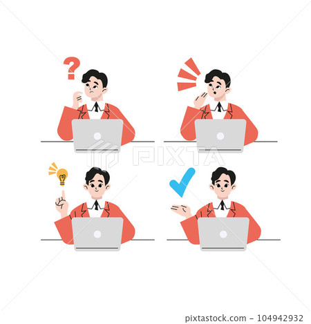Business person with a worried facial expression and an inspirational facial expression, trendy creative office worker giving a presentation. Flat vector illustration isolated on white background. 104942932
