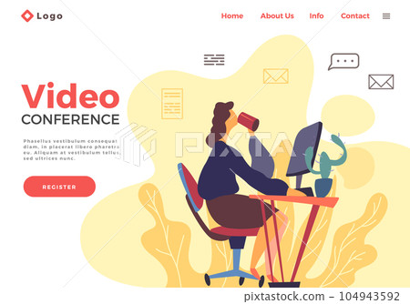 Landing page template with woman holding a video conference with colleagues or friends flat style 104943592