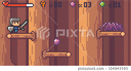 Pixel art style, character in game arcade play vector. Man with sharp sword fighting against spider Pixel art style, character in game arcade play vector. Man with sharp sword fighting against spider 104943593