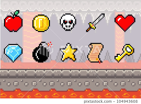 Pixel art game scene of dungeon with lava and valuable prizes important to the player, object symbol Pixel art game scene of dungeon with lava and valuable prizes important to the player, object symbol 104943608