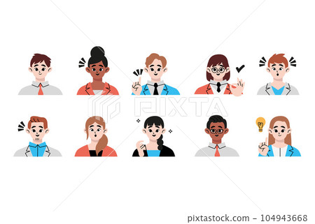 People avatars set. Modern head portraits of diverse men, women, girl and boy faces with expressive emotions, different facial expressions, moods and characters. Colored flat vector illustrations People avatars set. Modern head portraits of diverse men, women, girl and boy faces with expressive emotions, different facial expressions, moods and characters. Colored flat vector illustrations 104943668