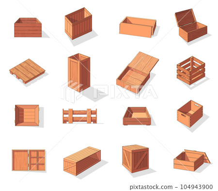 Wooden box isometric vector set icon. Pallets fruits and vegetables transportation containers 104943900