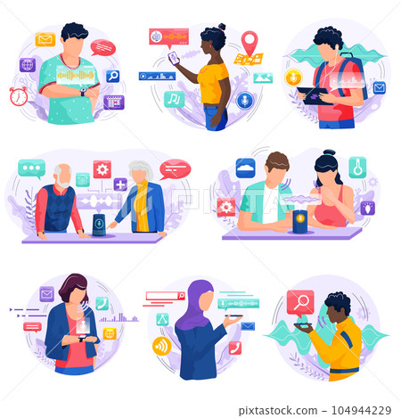 People using voice control for their phones. Illustration of voice remote with character and phone People using voice control for their phones. Illustration of voice remote with character and phone 104944229
