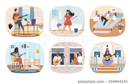 Set of pepole that play on guitar. Man playing guitar and composing music at home, guitarist musician 104944241