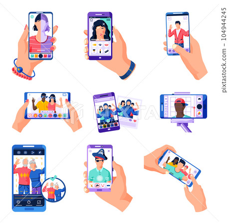 People taking selfie with smartphones as a concept of selfie culture, social network, self-portrait People taking selfie with smartphones as a concept of selfie culture, social network, self-portrait 104944245