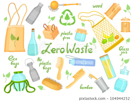Poster with eco concept, zero waste text in center, recycling products, organic materials isolated Poster with eco concept, zero waste text in center, recycling products, organic materials isolated 104944252