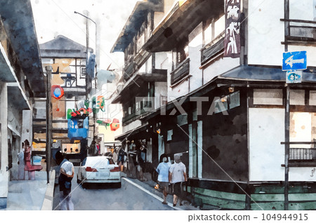 溫泉小鎮/復古街景插畫生成AI 104944915