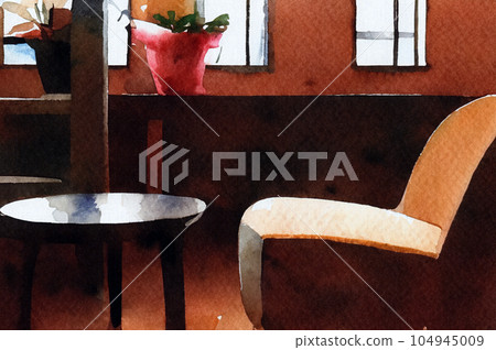 Chair and table Cafe interior illustration (watercolor) Generative AI Chair and table Cafe interior illustration (watercolor) Generative AI 104945009