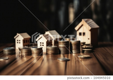 Invest in real estate with a wooden house and stacks of coins on a table is AI Generative Invest in real estate with a wooden house and stacks of coins on a table is AI Generative 104945010