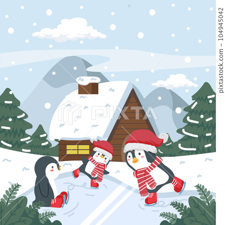 penguin ice skating outdoor on snow penguin ice skating outdoor on snow 104945042