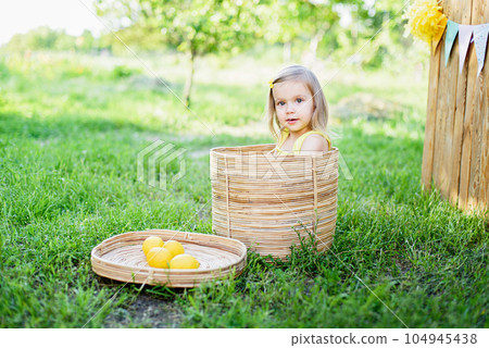 Little child girl with lemons at lemonade stand in park. Portrait of funny baby in basket with fruits. vitamins and healthy food. Useful citrus fruits as prevention of viral and respiratory diseases. Little child girl with lemons at lemonade stand in park. Portrait of funny baby in basket with fruits. vitamins and healthy food. Useful citrus fruits as prevention of viral and respiratory diseases. 104945438